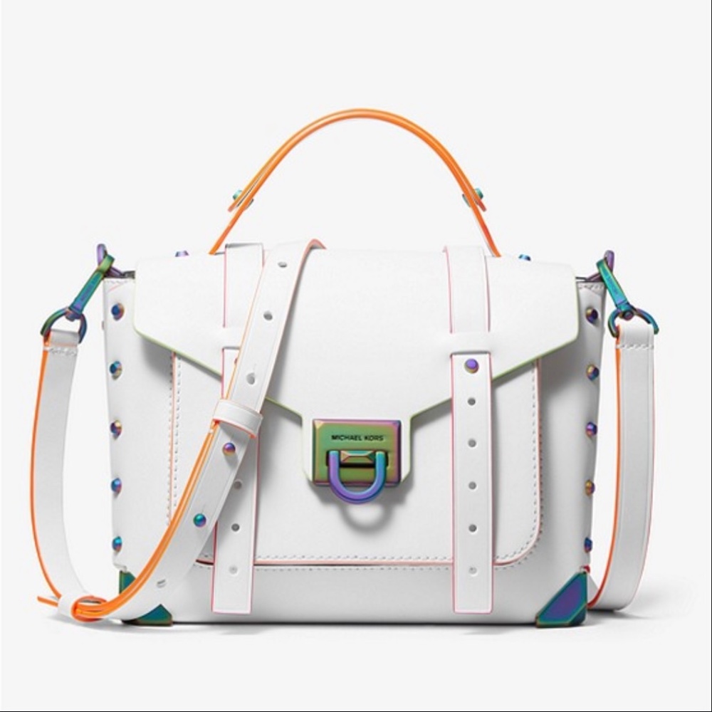 Michael Kors Manhattan Medium Contrast-Trim Leather Satchel White